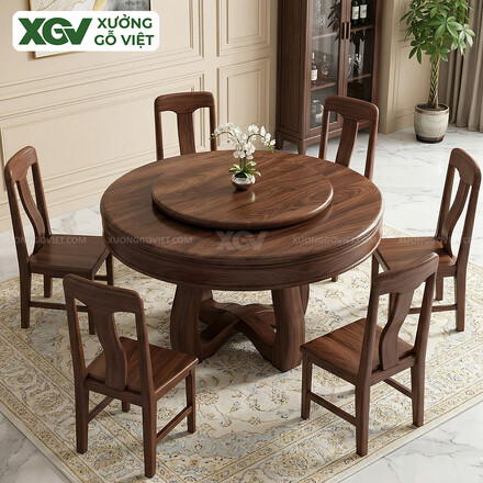 Bộ Bàn Ghế Ăn Gỗ Óc Chó Chân X Thiết Kế Mâm Xoay Tiện Nghi