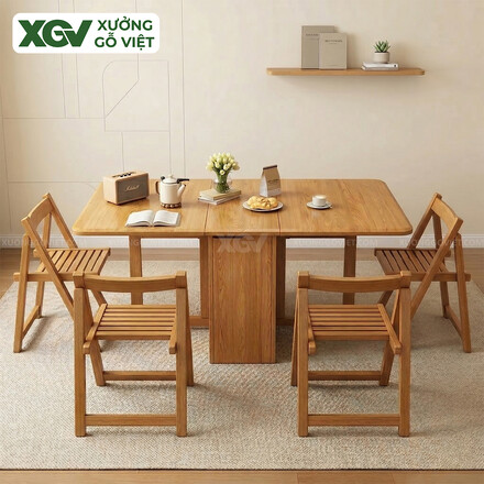 Bộ Bàn Ghế Ăn Gỗ Sồi Thông Minh Gấp Gọn 3 Trong 1 Linh Hoạt