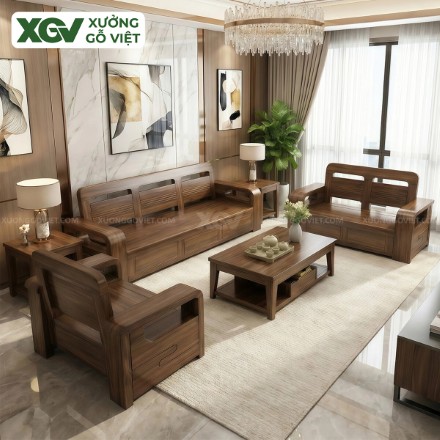Bộ Sofa Phòng Khách Gỗ Óc Chó Thiết Kế Bo Cong Thời Thượng