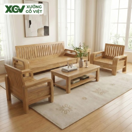 Bộ Sofa Phòng Khách Gỗ Sồi Mỹ Thiết Kế Nan Dọc Tinh Tế