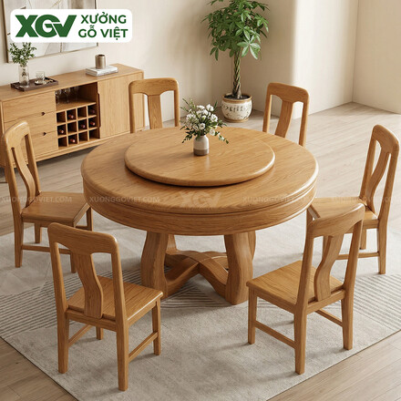 Mẫu Bàn Ghế Ăn Tròn Gỗ Sồi Mỹ Kết Hợp Mâm Xoay Hiện Đại