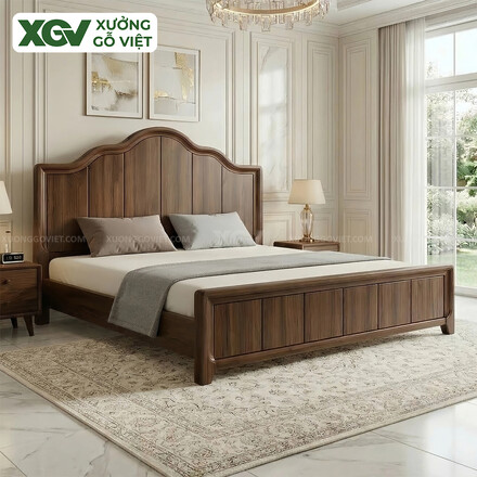 Mẫu Giường Ngủ Gỗ Óc Chó Kẻ Chỉ Dọc Phân Tầng Đầu Lượn Sóng