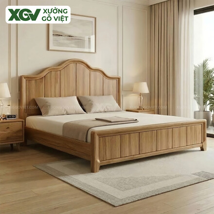 Mẫu Giường Ngủ Gỗ Sồi Chân Cao Đầu Giường Dáng Mây Uốn Lượn